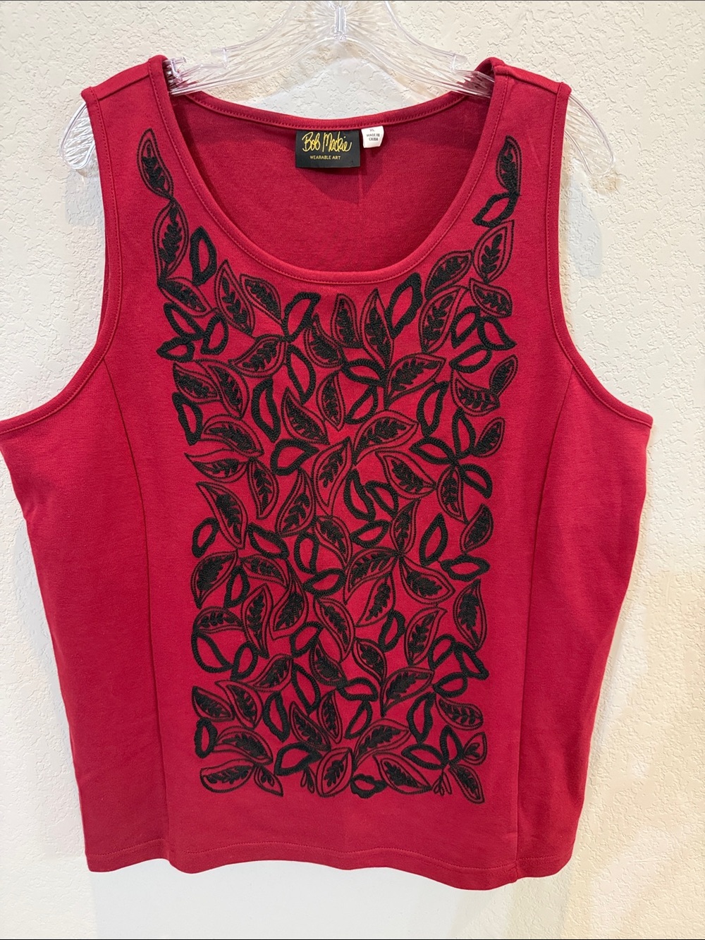 Bob Mackie Berry Red Tank with Black Leaf Embroidery